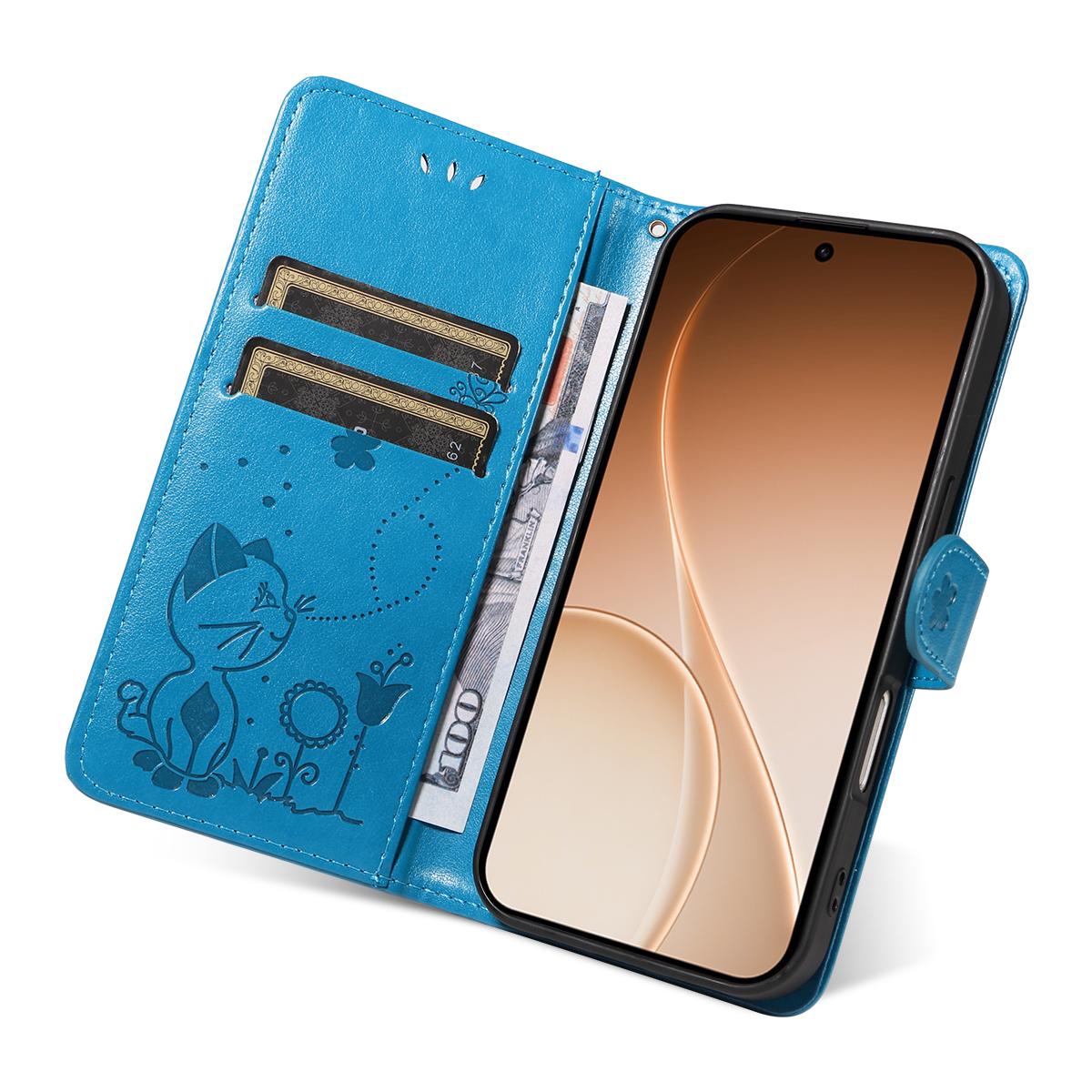 For OPPO Reno15 5G Cat and Bee Embossed Flip Leather Phone Case Wallet Cover with Card Slots Cash Pocket Magnetic Stand Protective Shockproof TPU PU Leather Case with Wrist Strap