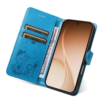 For OPPO Reno15 5G Cat and Bee Embossed Flip Leather Phone Case Wallet Cover with Card Slots Cash Pocket Magnetic Stand Protective Shockproof TPU PU Leather Case with Wrist Strap