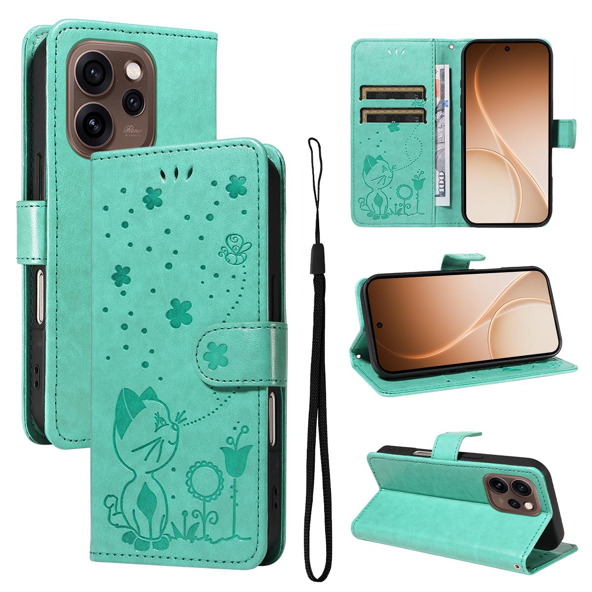For OPPO Reno15 5G Cat and Bee Embossed Flip Leather Phone Case Wallet Cover with Card Slots Cash Pocket Magnetic Stand Protective Shockproof TPU PU Leather Case with Wrist Strap