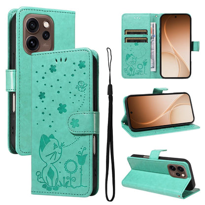 For OPPO Reno15 5G Cat and Bee Embossed Flip Leather Phone Case Wallet Cover with Card Slots Cash Pocket Magnetic Stand Protective Shockproof TPU PU Leather Case with Wrist Strap