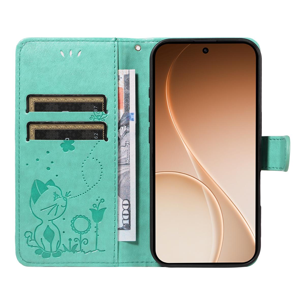 For OPPO Reno15 5G Cat and Bee Embossed Flip Leather Phone Case Wallet Cover with Card Slots Cash Pocket Magnetic Stand Protective Shockproof TPU PU Leather Case with Wrist Strap