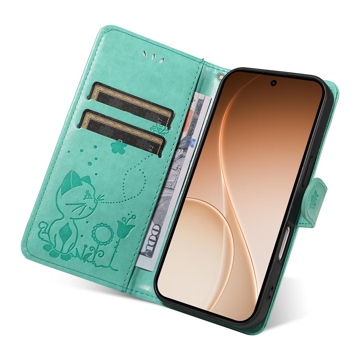 For OPPO Reno15 5G Cat and Bee Embossed Flip Leather Phone Case Wallet Cover with Card Slots Cash Pocket Magnetic Stand Protective Shockproof TPU PU Leather Case with Wrist Strap
