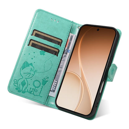 For OPPO Reno15 5G Cat and Bee Embossed Flip Leather Phone Case Wallet Cover with Card Slots Cash Pocket Magnetic Stand Protective Shockproof TPU PU Leather Case with Wrist Strap
