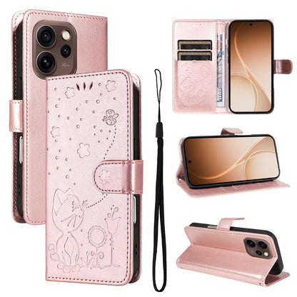 For OPPO Reno15 5G Cat and Bee Embossed Flip Leather Phone Case Wallet Cover with Card Slots Cash Pocket Magnetic Stand Protective Shockproof TPU PU Leather Case with Wrist Strap