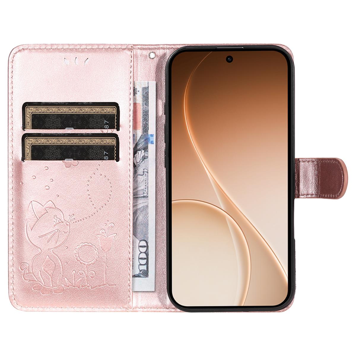 For OPPO Reno15 5G Cat and Bee Embossed Flip Leather Phone Case Wallet Cover with Card Slots Cash Pocket Magnetic Stand Protective Shockproof TPU PU Leather Case with Wrist Strap