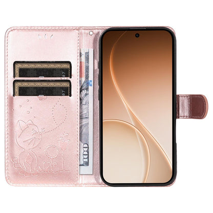 For OPPO Reno15 5G Cat and Bee Embossed Flip Leather Phone Case Wallet Cover with Card Slots Cash Pocket Magnetic Stand Protective Shockproof TPU PU Leather Case with Wrist Strap