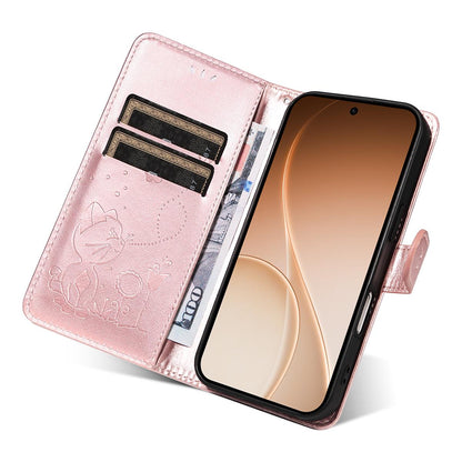 For OPPO Reno15 5G Cat and Bee Embossed Flip Leather Phone Case Wallet Cover with Card Slots Cash Pocket Magnetic Stand Protective Shockproof TPU PU Leather Case with Wrist Strap