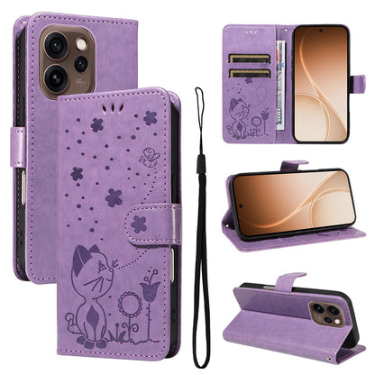 For OPPO Reno15 5G Cat and Bee Embossed Flip Leather Phone Case Wallet Cover with Card Slots Cash Pocket Magnetic Stand Protective Shockproof TPU PU Leather Case with Wrist Strap
