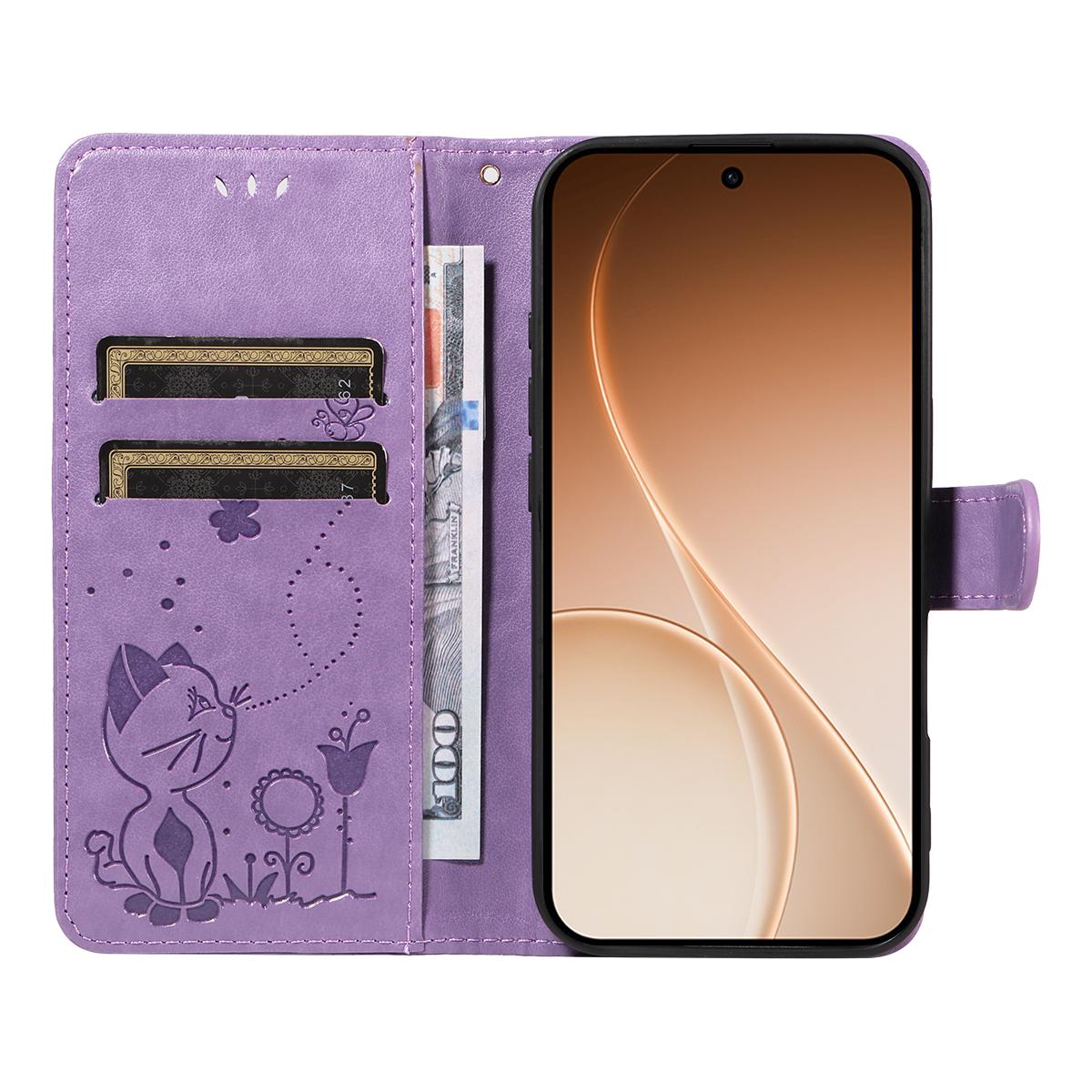 For OPPO Reno15 5G Cat and Bee Embossed Flip Leather Phone Case Wallet Cover with Card Slots Cash Pocket Magnetic Stand Protective Shockproof TPU PU Leather Case with Wrist Strap