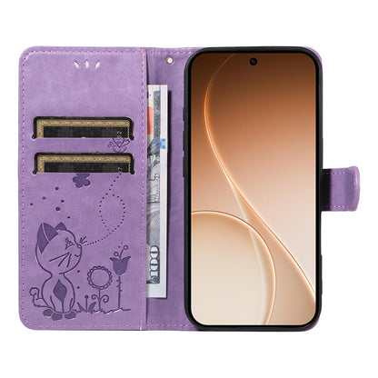 For OPPO Reno15 5G Cat and Bee Embossed Flip Leather Phone Case Wallet Cover with Card Slots Cash Pocket Magnetic Stand Protective Shockproof TPU PU Leather Case with Wrist Strap