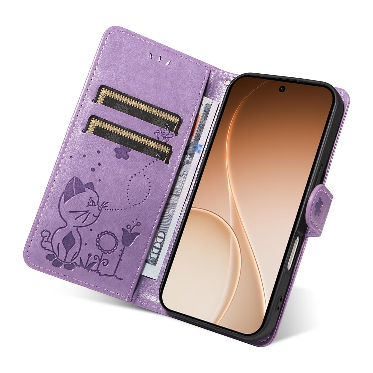 For OPPO Reno15 5G Cat and Bee Embossed Flip Leather Phone Case Wallet Cover with Card Slots Cash Pocket Magnetic Stand Protective Shockproof TPU PU Leather Case with Wrist Strap