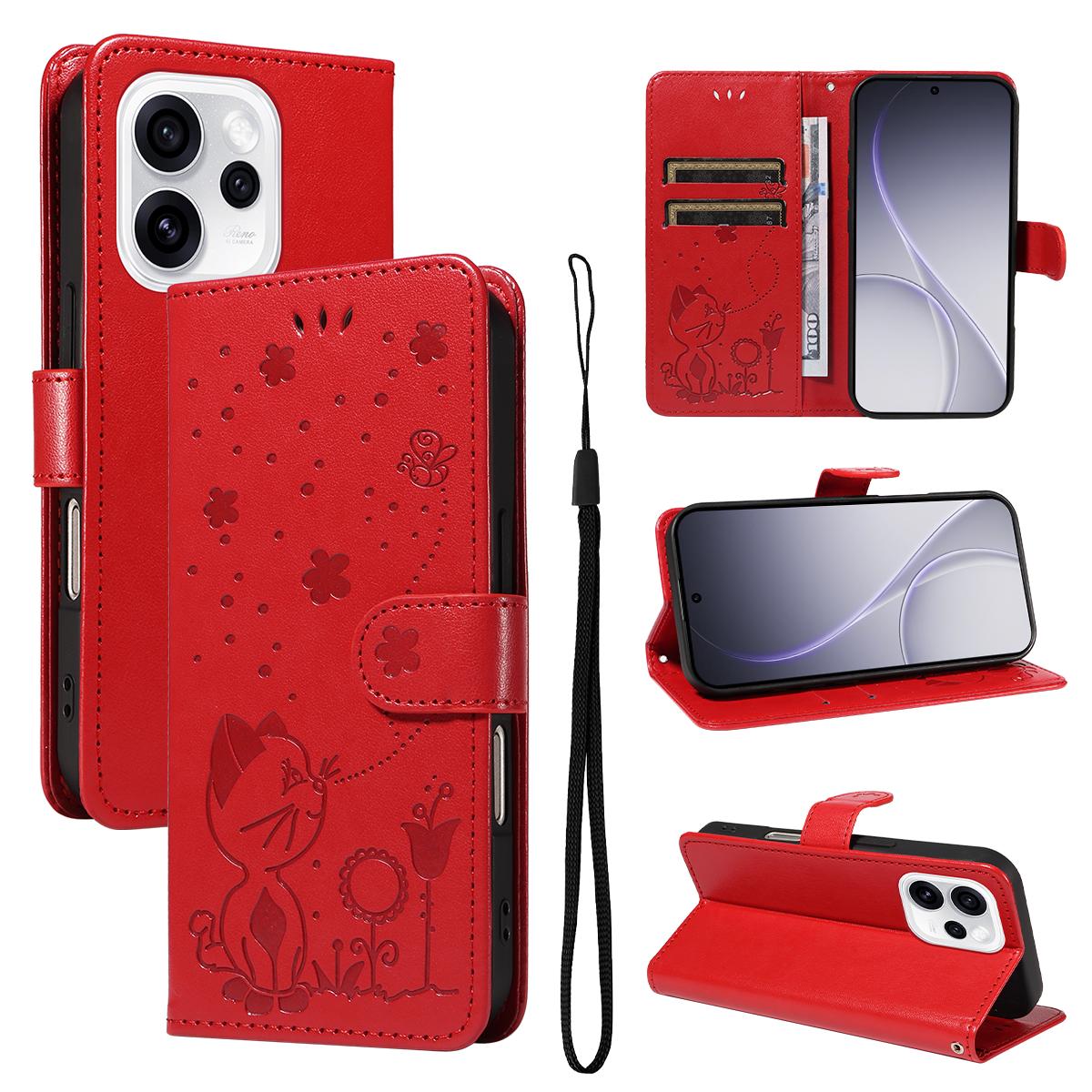 For OPPO Reno15 Pro 5G Cat and Bee Embossed Flip Leather Phone Case Wallet Cover with Card Slots Cash Pocket Magnetic Stand Protective Shockproof TPU PU Leather Case with Wrist Strap