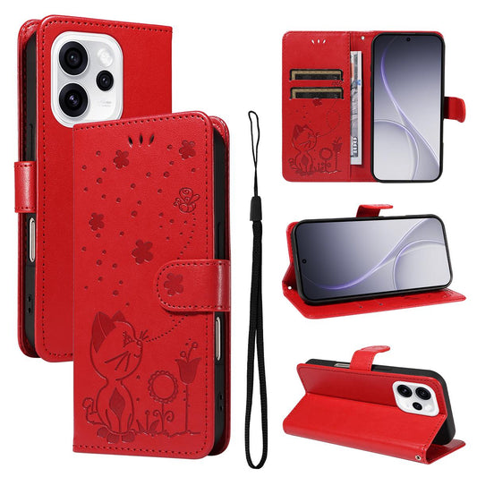 For OPPO Reno15 Pro 5G Cat and Bee Embossed Flip Leather Phone Case Wallet Cover with Card Slots Cash Pocket Magnetic Stand Protective Shockproof TPU PU Leather Case with Wrist Strap