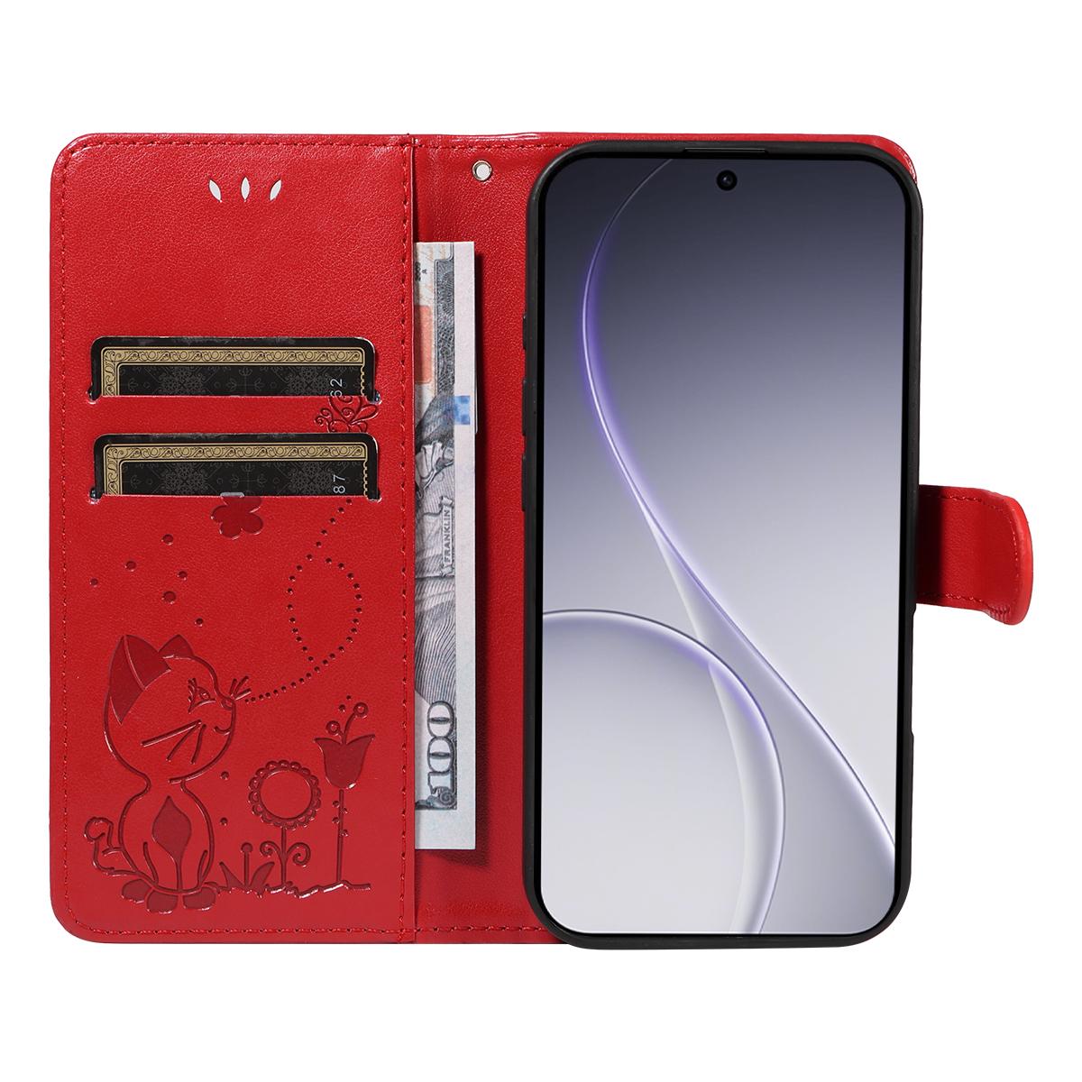 For OPPO Reno15 Pro 5G Cat and Bee Embossed Flip Leather Phone Case Wallet Cover with Card Slots Cash Pocket Magnetic Stand Protective Shockproof TPU PU Leather Case with Wrist Strap