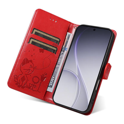 For OPPO Reno15 Pro 5G Cat and Bee Embossed Flip Leather Phone Case Wallet Cover with Card Slots Cash Pocket Magnetic Stand Protective Shockproof TPU PU Leather Case with Wrist Strap