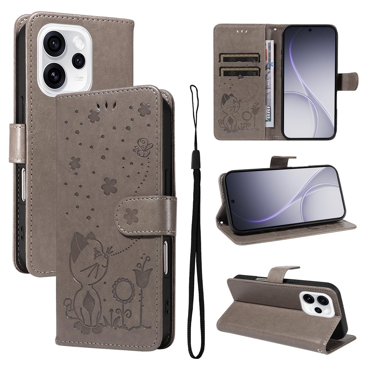 For OPPO Reno15 Pro 5G Cat and Bee Embossed Flip Leather Phone Case Wallet Cover with Card Slots Cash Pocket Magnetic Stand Protective Shockproof TPU PU Leather Case with Wrist Strap