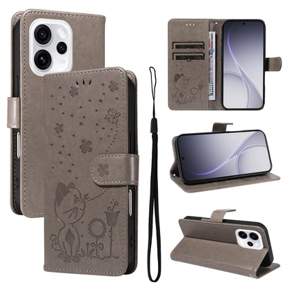 For OPPO Reno15 Pro 5G Cat and Bee Embossed Flip Leather Phone Case Wallet Cover with Card Slots Cash Pocket Magnetic Stand Protective Shockproof TPU PU Leather Case with Wrist Strap