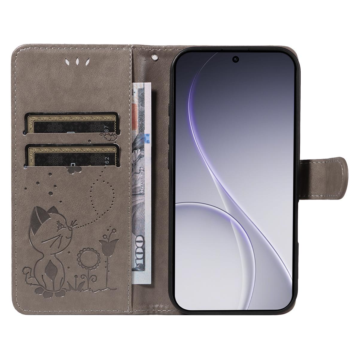 For OPPO Reno15 Pro 5G Cat and Bee Embossed Flip Leather Phone Case Wallet Cover with Card Slots Cash Pocket Magnetic Stand Protective Shockproof TPU PU Leather Case with Wrist Strap