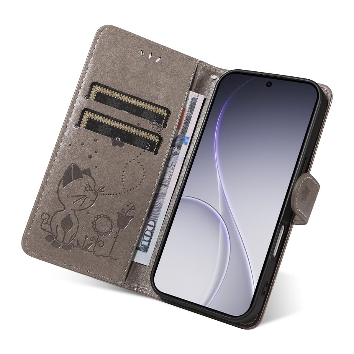 For OPPO Reno15 Pro 5G Cat and Bee Embossed Flip Leather Phone Case Wallet Cover with Card Slots Cash Pocket Magnetic Stand Protective Shockproof TPU PU Leather Case with Wrist Strap
