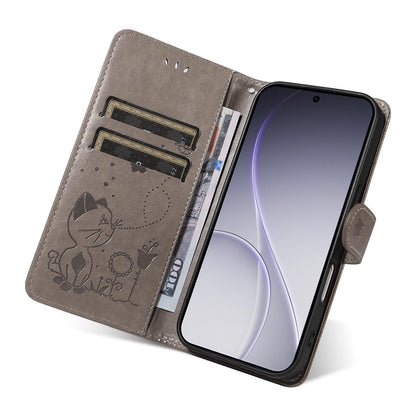 For OPPO Reno15 Pro 5G Cat and Bee Embossed Flip Leather Phone Case Wallet Cover with Card Slots Cash Pocket Magnetic Stand Protective Shockproof TPU PU Leather Case with Wrist Strap