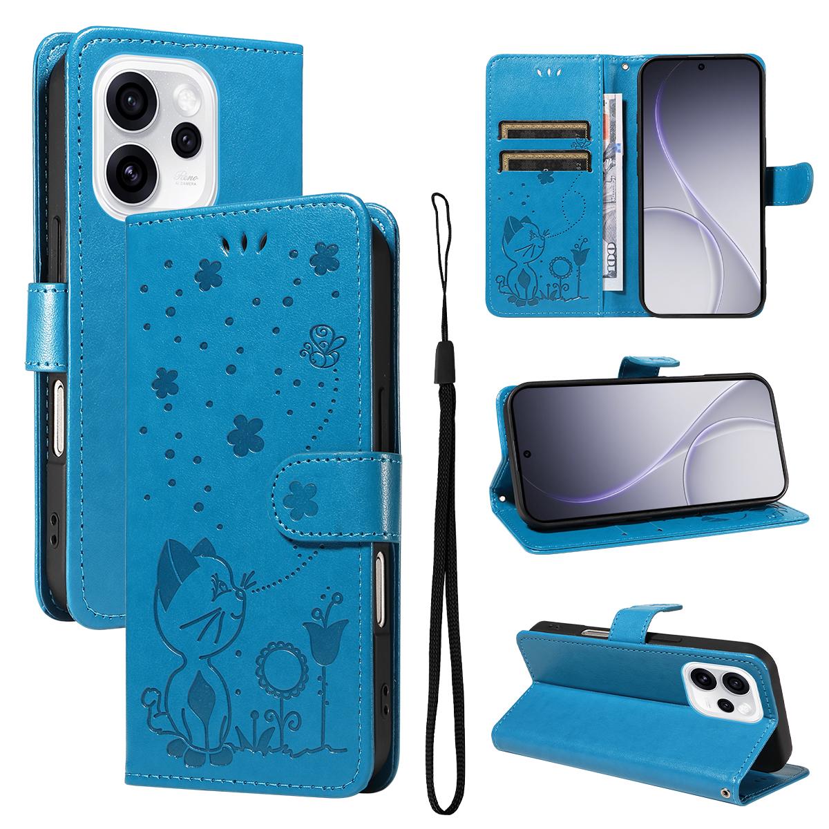 For OPPO Reno15 Pro 5G Cat and Bee Embossed Flip Leather Phone Case Wallet Cover with Card Slots Cash Pocket Magnetic Stand Protective Shockproof TPU PU Leather Case with Wrist Strap