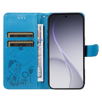 For OPPO Reno15 Pro 5G Cat and Bee Embossed Flip Leather Phone Case Wallet Cover with Card Slots Cash Pocket Magnetic Stand Protective Shockproof TPU PU Leather Case with Wrist Strap