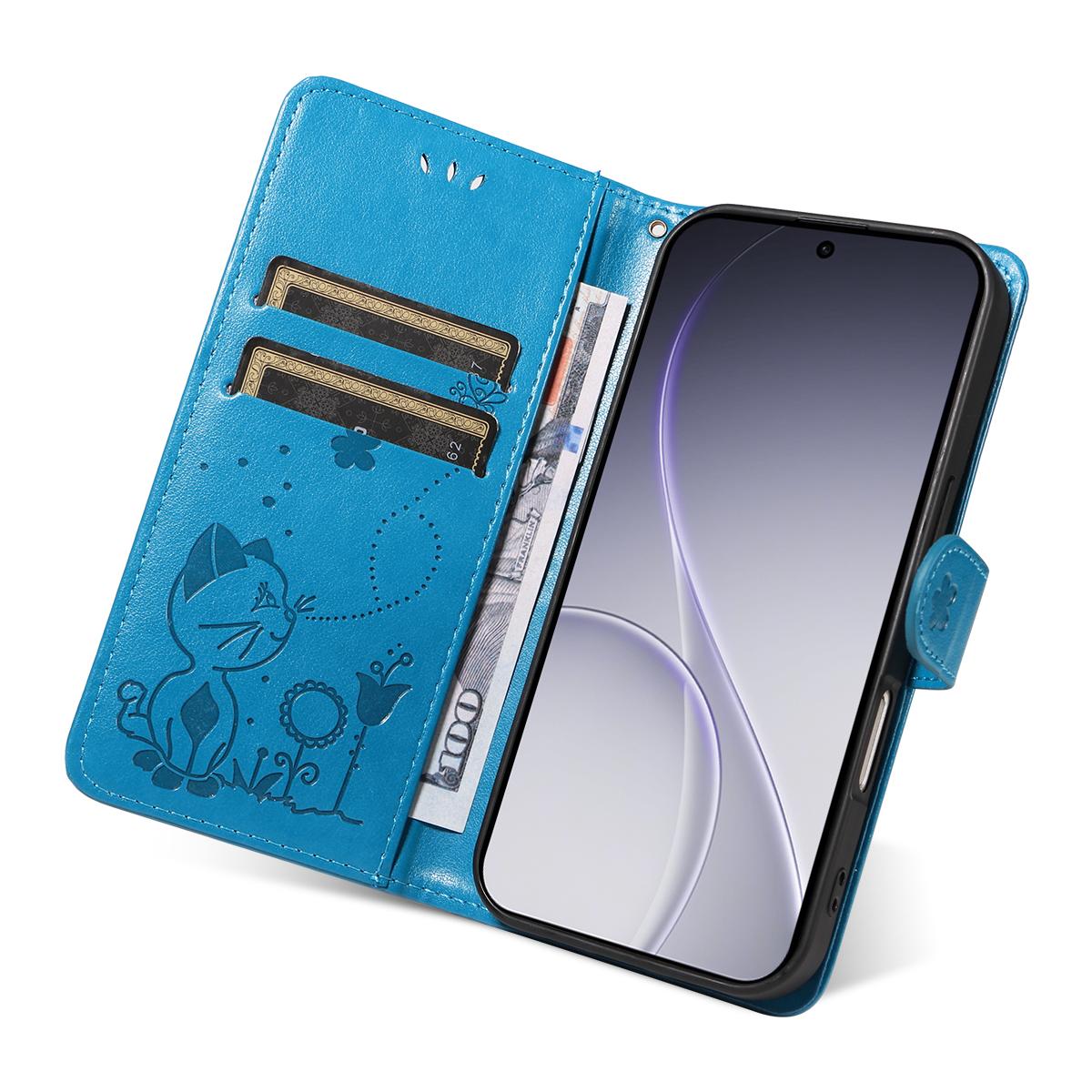 For OPPO Reno15 Pro 5G Cat and Bee Embossed Flip Leather Phone Case Wallet Cover with Card Slots Cash Pocket Magnetic Stand Protective Shockproof TPU PU Leather Case with Wrist Strap