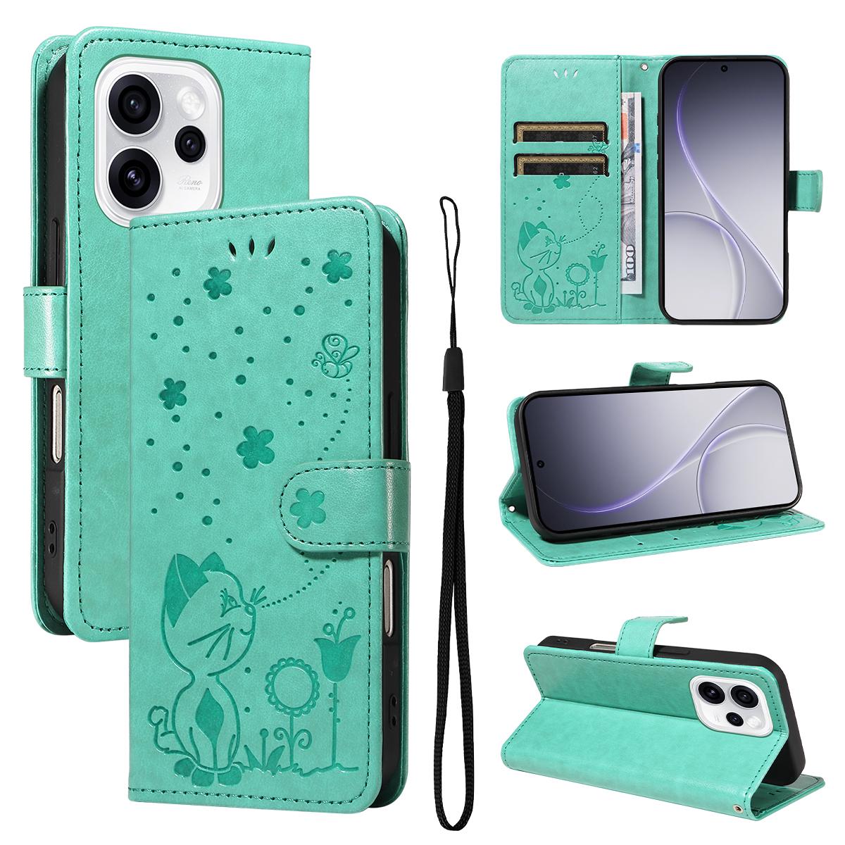 For OPPO Reno15 Pro 5G Cat and Bee Embossed Flip Leather Phone Case Wallet Cover with Card Slots Cash Pocket Magnetic Stand Protective Shockproof TPU PU Leather Case with Wrist Strap