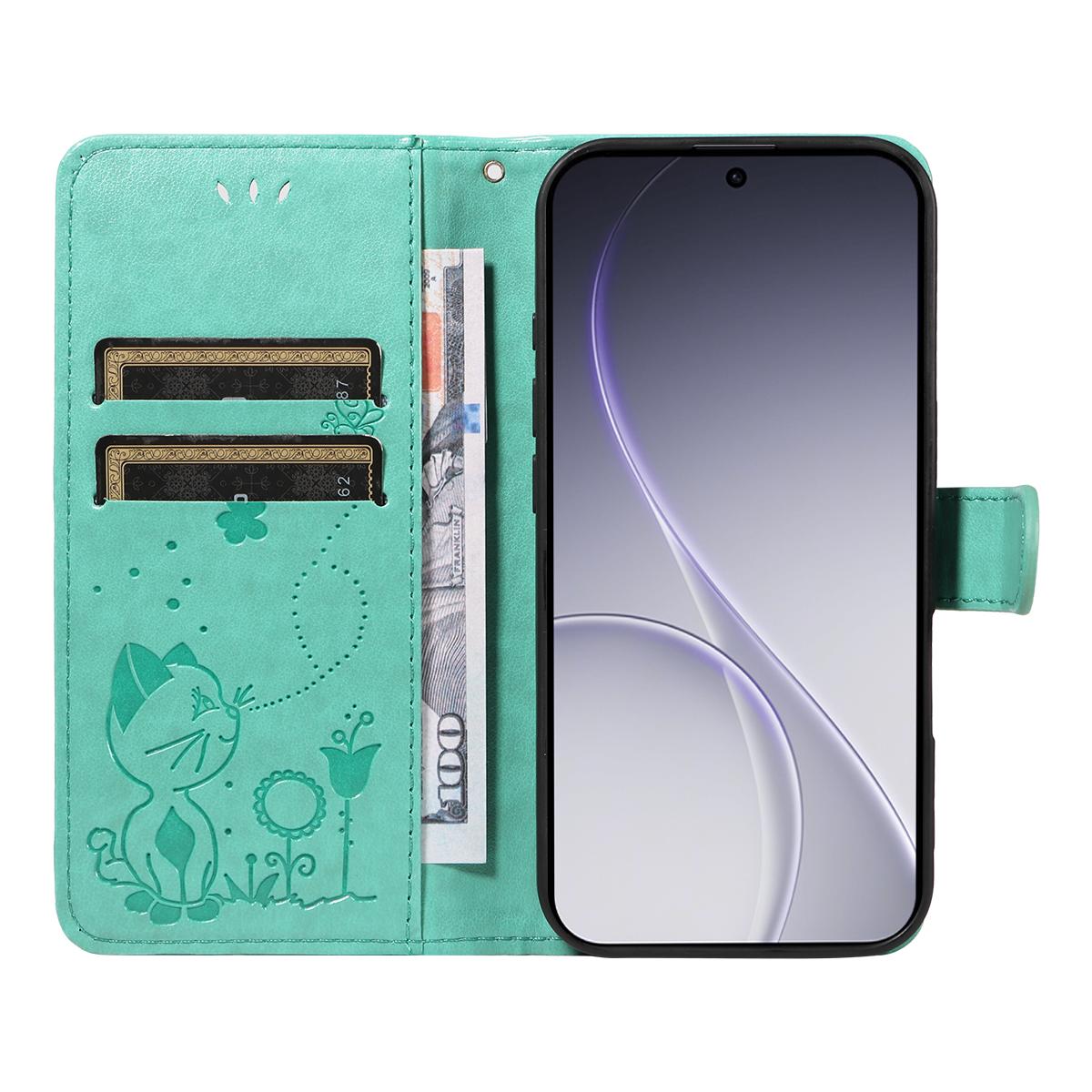 For OPPO Reno15 Pro 5G Cat and Bee Embossed Flip Leather Phone Case Wallet Cover with Card Slots Cash Pocket Magnetic Stand Protective Shockproof TPU PU Leather Case with Wrist Strap