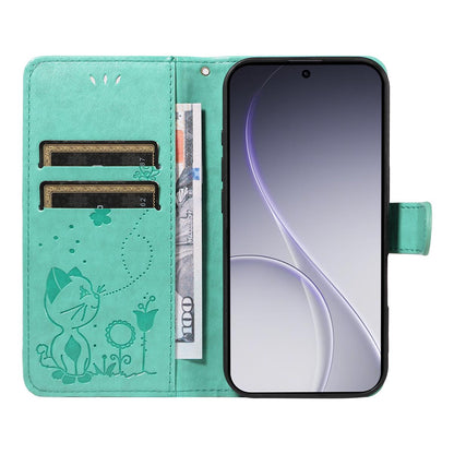 For OPPO Reno15 Pro 5G Cat and Bee Embossed Flip Leather Phone Case Wallet Cover with Card Slots Cash Pocket Magnetic Stand Protective Shockproof TPU PU Leather Case with Wrist Strap