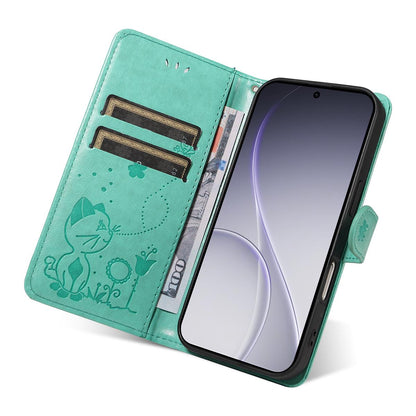 For OPPO Reno15 Pro 5G Cat and Bee Embossed Flip Leather Phone Case Wallet Cover with Card Slots Cash Pocket Magnetic Stand Protective Shockproof TPU PU Leather Case with Wrist Strap