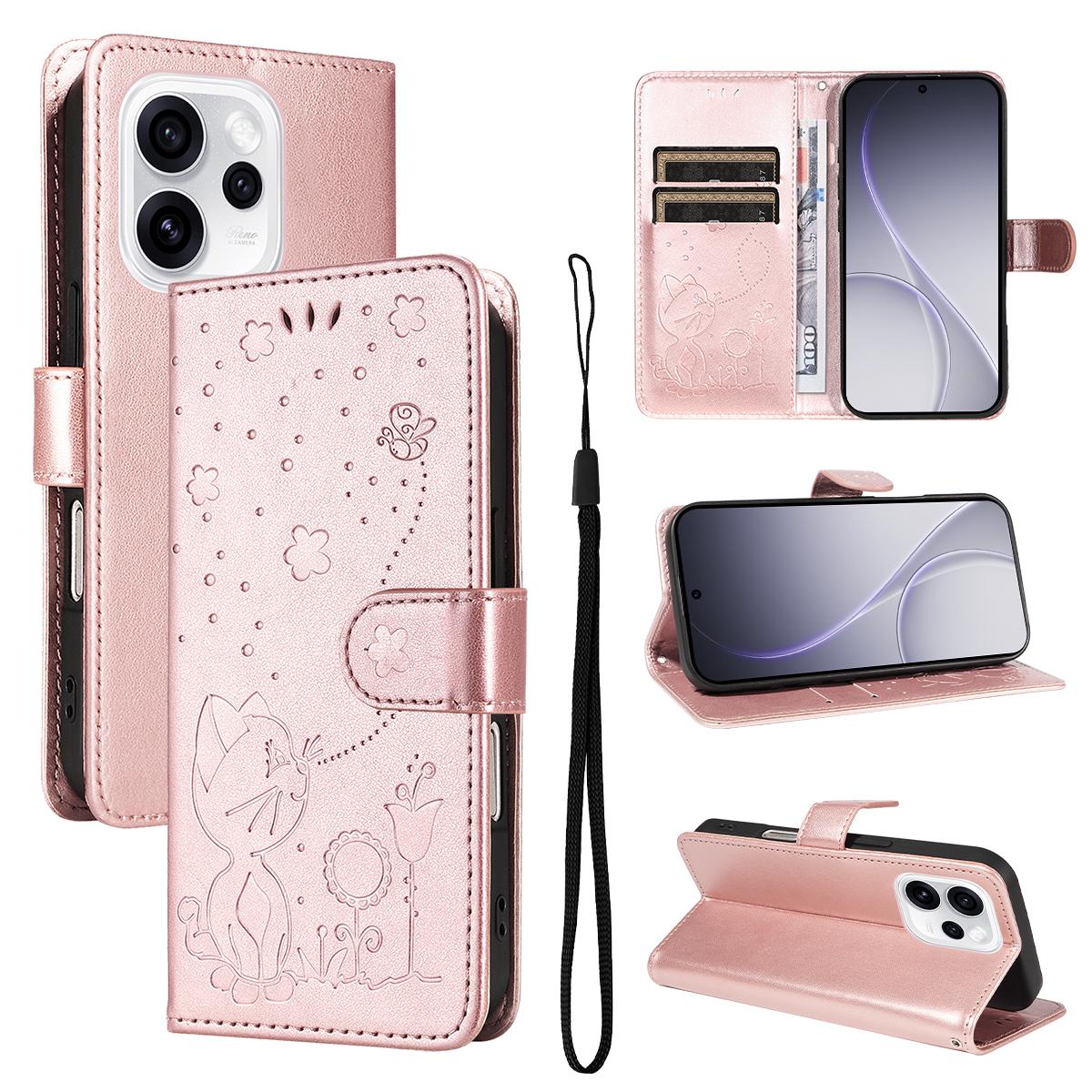 For OPPO Reno15 Pro 5G Cat and Bee Embossed Flip Leather Phone Case Wallet Cover with Card Slots Cash Pocket Magnetic Stand Protective Shockproof TPU PU Leather Case with Wrist Strap