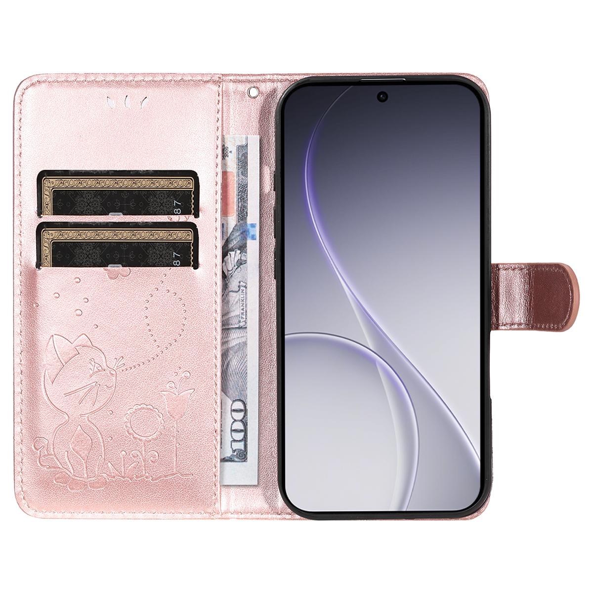 For OPPO Reno15 Pro 5G Cat and Bee Embossed Flip Leather Phone Case Wallet Cover with Card Slots Cash Pocket Magnetic Stand Protective Shockproof TPU PU Leather Case with Wrist Strap