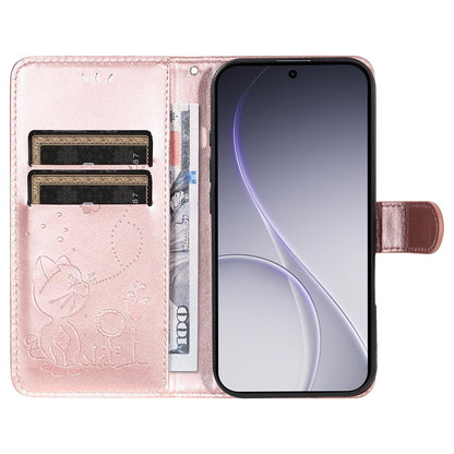 For OPPO Reno15 Pro 5G Cat and Bee Embossed Flip Leather Phone Case Wallet Cover with Card Slots Cash Pocket Magnetic Stand Protective Shockproof TPU PU Leather Case with Wrist Strap