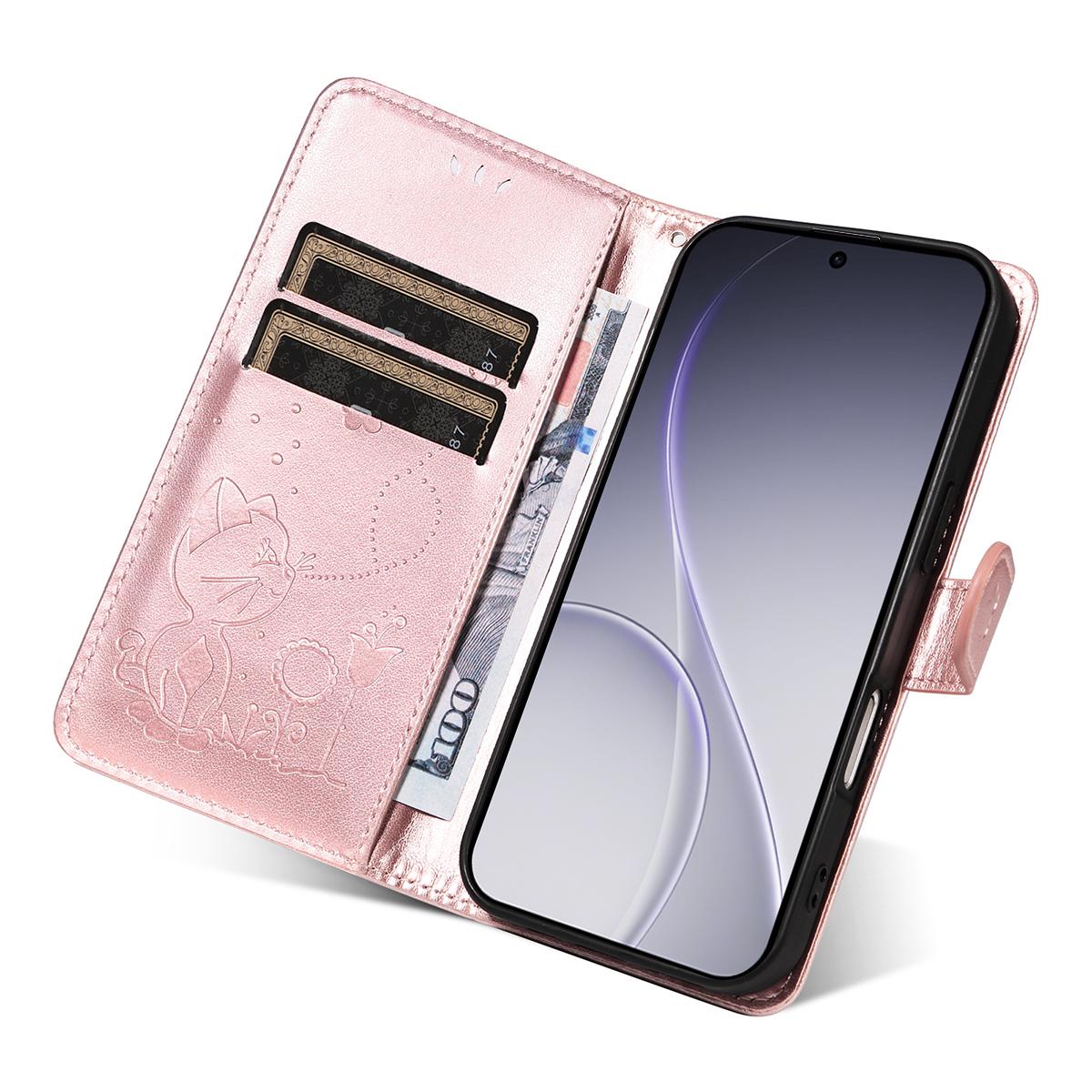 For OPPO Reno15 Pro 5G Cat and Bee Embossed Flip Leather Phone Case Wallet Cover with Card Slots Cash Pocket Magnetic Stand Protective Shockproof TPU PU Leather Case with Wrist Strap