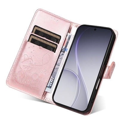For OPPO Reno15 Pro 5G Cat and Bee Embossed Flip Leather Phone Case Wallet Cover with Card Slots Cash Pocket Magnetic Stand Protective Shockproof TPU PU Leather Case with Wrist Strap