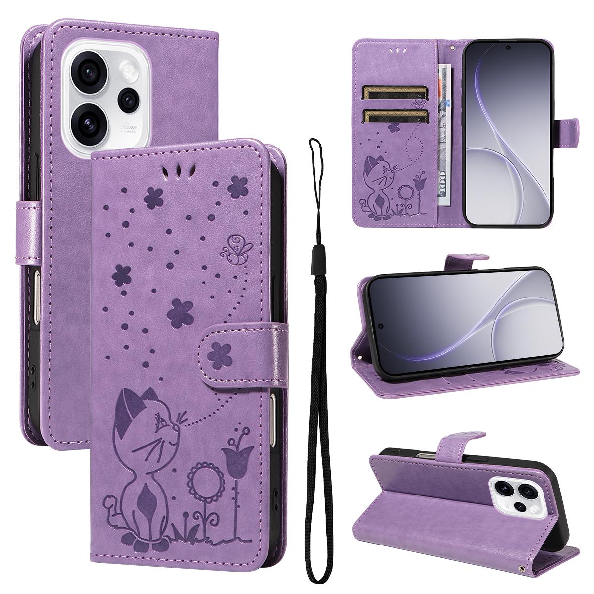 For OPPO Reno15 Pro 5G Cat and Bee Embossed Flip Leather Phone Case Wallet Cover with Card Slots Cash Pocket Magnetic Stand Protective Shockproof TPU PU Leather Case with Wrist Strap