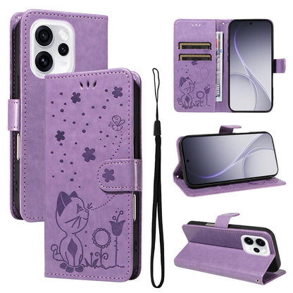 For OPPO Reno15 Pro 5G Cat and Bee Embossed Flip Leather Phone Case Wallet Cover with Card Slots Cash Pocket Magnetic Stand Protective Shockproof TPU PU Leather Case with Wrist Strap