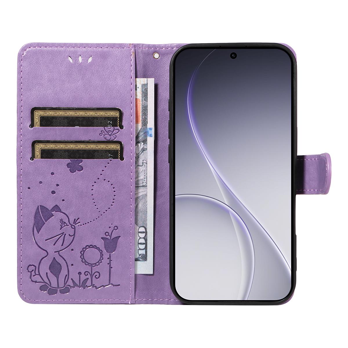 For OPPO Reno15 Pro 5G Cat and Bee Embossed Flip Leather Phone Case Wallet Cover with Card Slots Cash Pocket Magnetic Stand Protective Shockproof TPU PU Leather Case with Wrist Strap