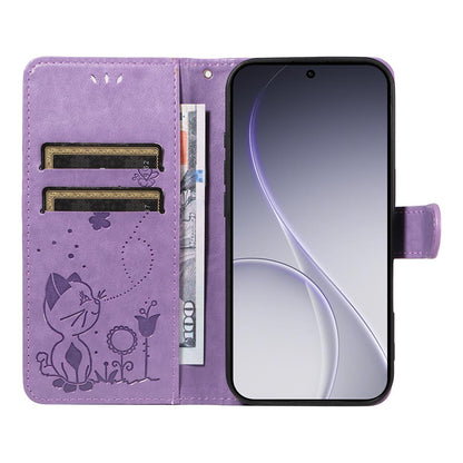 For OPPO Reno15 Pro 5G Cat and Bee Embossed Flip Leather Phone Case Wallet Cover with Card Slots Cash Pocket Magnetic Stand Protective Shockproof TPU PU Leather Case with Wrist Strap