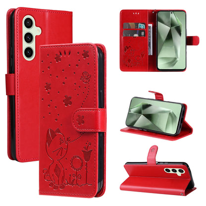 For Samsung Galaxy S24 FE 5G Cat and Bee Embossed Flip Leather Phone Case Wallet Cover with Card Slots Cash Pocket Magnetic Stand Protective Shockproof TPU PU Leather Case with Wrist Strap