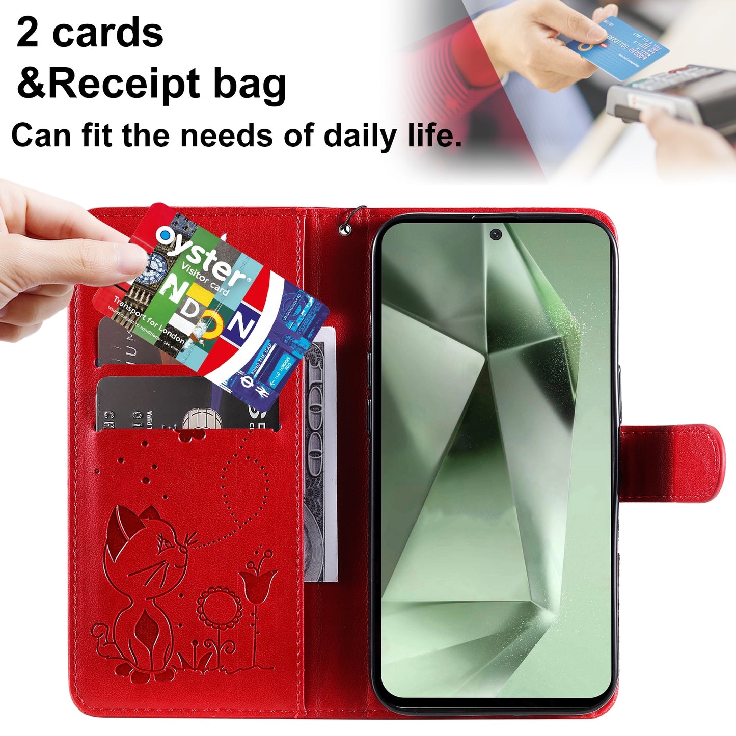 For Samsung Galaxy S24 FE 5G Cat and Bee Embossed Flip Leather Phone Case Wallet Cover with Card Slots Cash Pocket Magnetic Stand Protective Shockproof TPU PU Leather Case with Wrist Strap