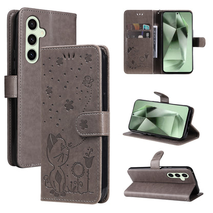For Samsung Galaxy S24 FE 5G Cat and Bee Embossed Flip Leather Phone Case Wallet Cover with Card Slots Cash Pocket Magnetic Stand Protective Shockproof TPU PU Leather Case with Wrist Strap