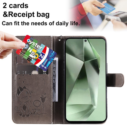 For Samsung Galaxy S24 FE 5G Cat and Bee Embossed Flip Leather Phone Case Wallet Cover with Card Slots Cash Pocket Magnetic Stand Protective Shockproof TPU PU Leather Case with Wrist Strap