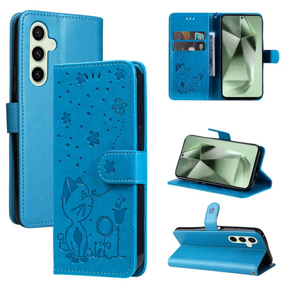 For Samsung Galaxy S24 FE 5G Cat and Bee Embossed Flip Leather Phone Case Wallet Cover with Card Slots Cash Pocket Magnetic Stand Protective Shockproof TPU PU Leather Case with Wrist Strap