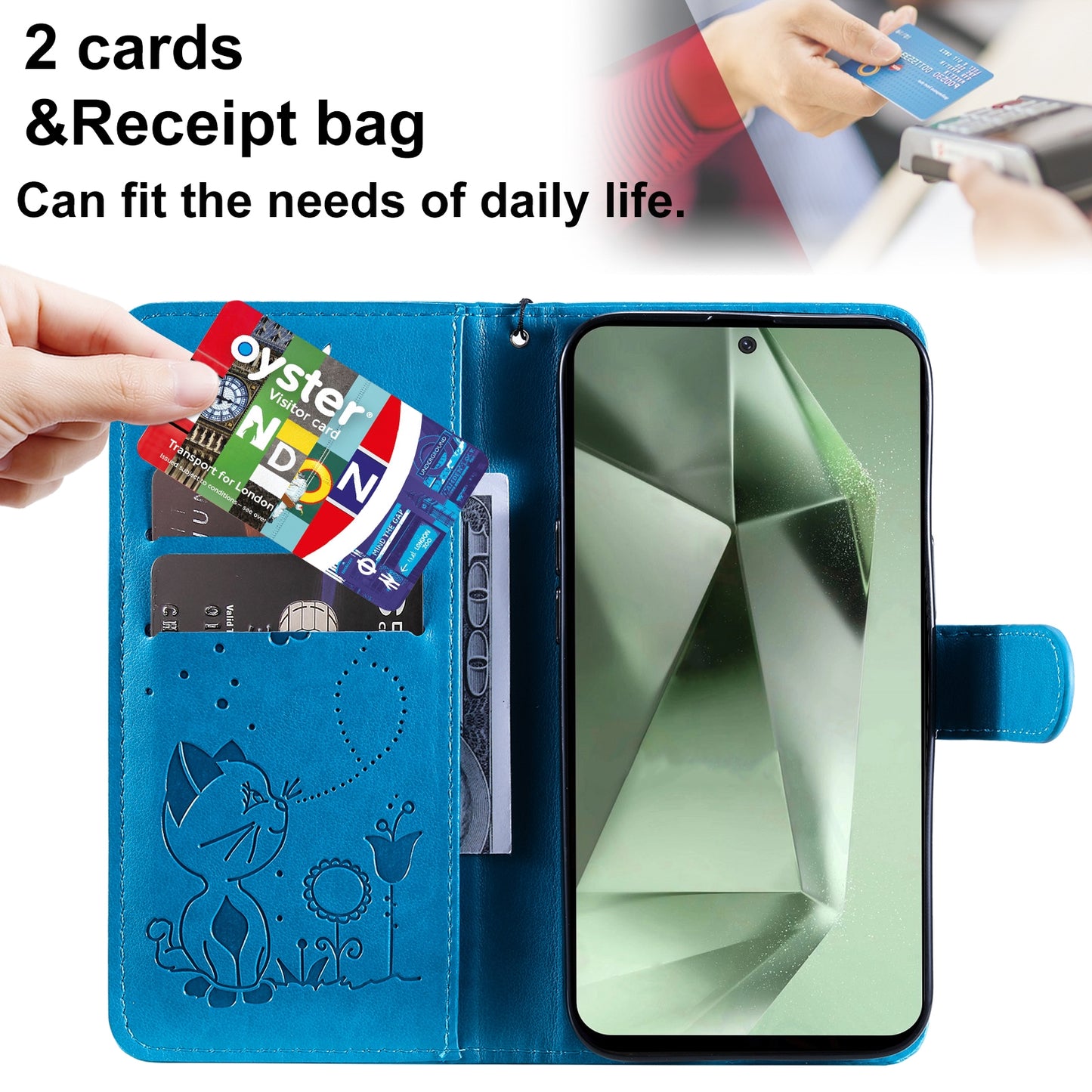 For Samsung Galaxy S24 FE 5G Cat and Bee Embossed Flip Leather Phone Case Wallet Cover with Card Slots Cash Pocket Magnetic Stand Protective Shockproof TPU PU Leather Case with Wrist Strap