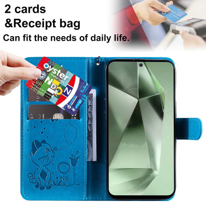 For Samsung Galaxy S24 FE 5G Cat and Bee Embossed Flip Leather Phone Case Wallet Cover with Card Slots Cash Pocket Magnetic Stand Protective Shockproof TPU PU Leather Case with Wrist Strap