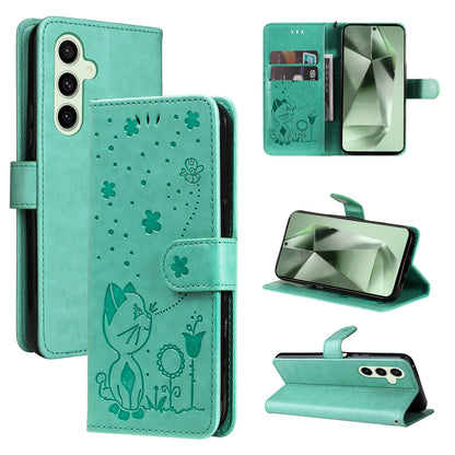For Samsung Galaxy S24 FE 5G Cat and Bee Embossed Flip Leather Phone Case Wallet Cover with Card Slots Cash Pocket Magnetic Stand Protective Shockproof TPU PU Leather Case with Wrist Strap