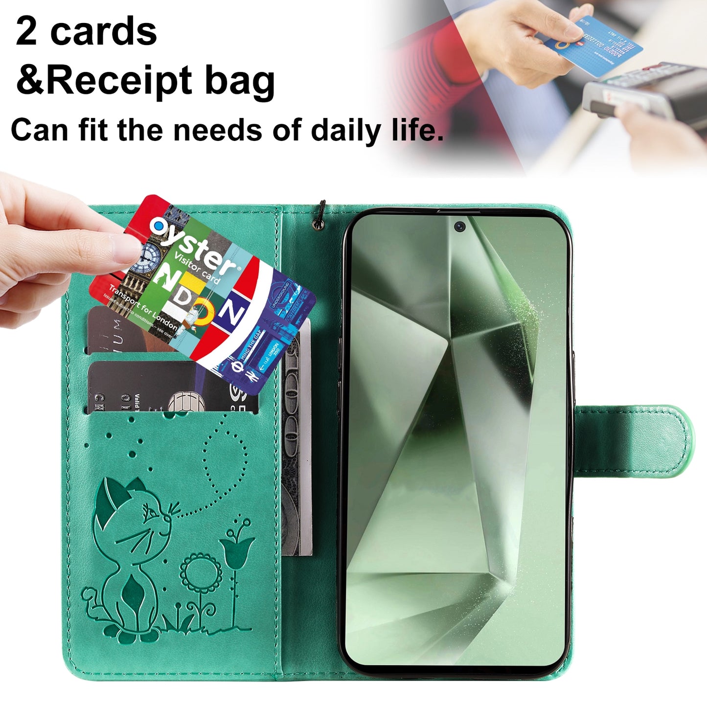 For Samsung Galaxy S24 FE 5G Cat and Bee Embossed Flip Leather Phone Case Wallet Cover with Card Slots Cash Pocket Magnetic Stand Protective Shockproof TPU PU Leather Case with Wrist Strap