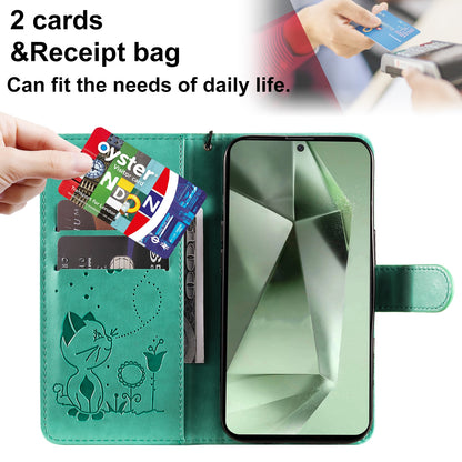 For Samsung Galaxy S24 FE 5G Cat and Bee Embossed Flip Leather Phone Case Wallet Cover with Card Slots Cash Pocket Magnetic Stand Protective Shockproof TPU PU Leather Case with Wrist Strap